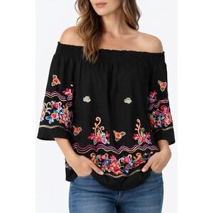 Studio West Black Off-Shoulder Embroidered Tunic
